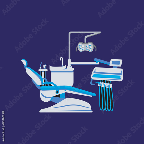 Illustration of a modern dental chair complete with blue-white equipment on a dark background, suitable for websites, brochures, marketing, education and dental clinic branding.