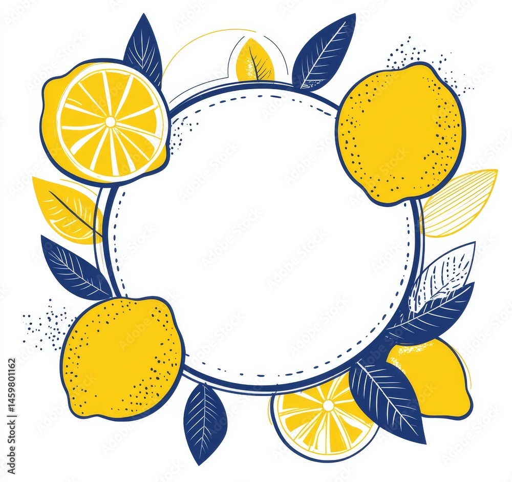 A hand-drawn sketch style illustration of citrus fruits is presented in a round frame or border, isolated from other elements, and features a modern, cute, and elegant doodle line design of a lemon A hand-drawn sketch style illustration of citrus fruits is presented in a round frame or border, isolated from other elements, and features a modern, cute, and elegant doodle line design of a lemon