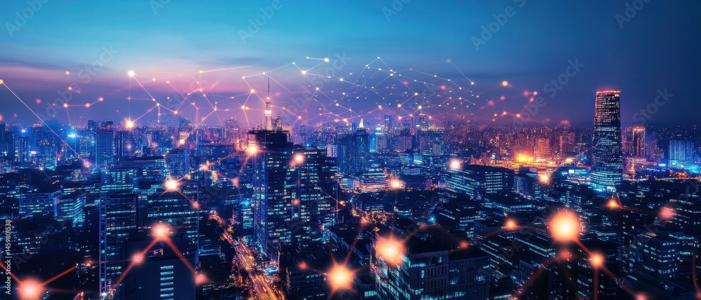 Fototapeta premium A vibrant cityscape illuminated by glowing lights, suggesting a futuristic or cyberpunk theme.