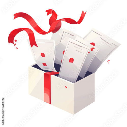 An Open Gift Box With Four Blank Tickets  isolated on a transparent background