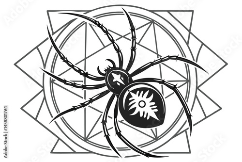 4 Dark gothic spider silhouette, geometric web pattern, symmetrical design, black and white illustration, intricate linework, arachnid tattoo concept, mystical occult symbolism, minimalist horror aest