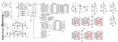 Schematic diagram of electronic device. Vector drawing electrical circuit with lcd display, controller, integrated circuit, button, resistor, capacitor, led indicator, sensor, diode on paper sheet.