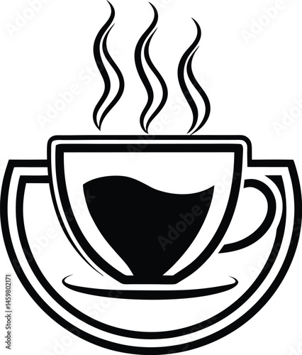 A graphic, stylized illustration of a coffee cup and saucer filled with coffee, emitting steam.