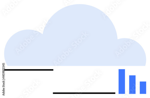 Large blue cloud, three vertical bar charts in blue, and black horizontal lines. Ideal for cloud technology, data storage, analytics, tech innovation, online services, communication simple landing