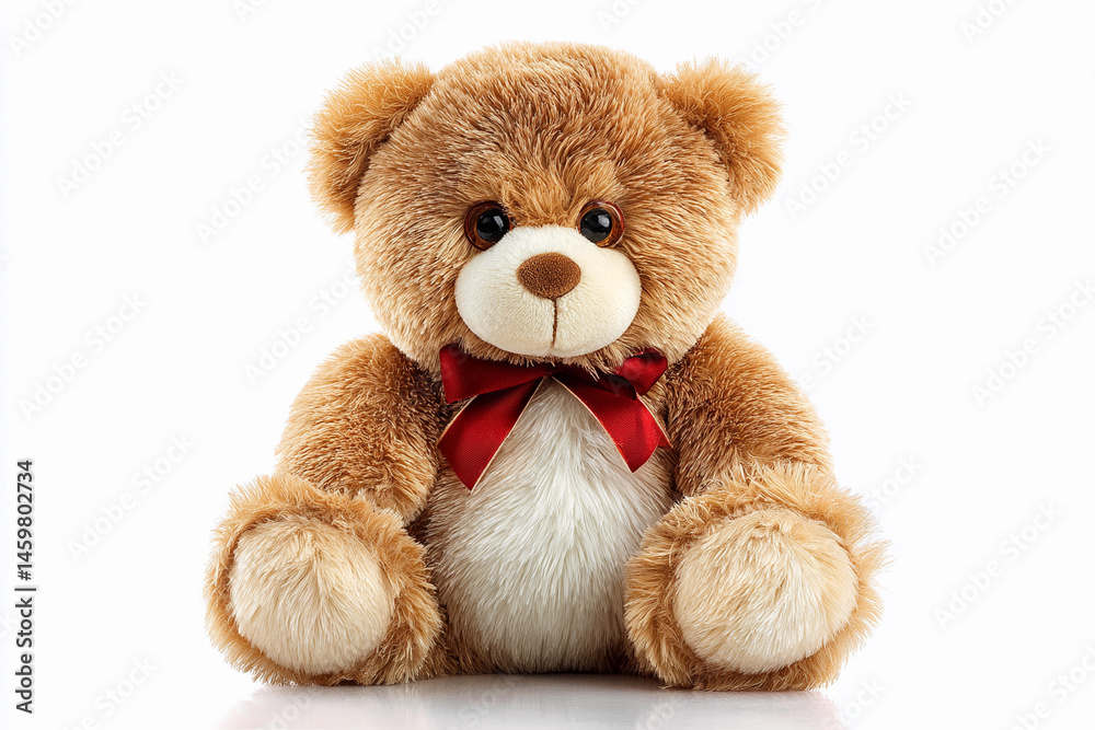 Obraz premium Cute plush bear with a red bow sitting upright on a white background showcasing its soft texture and friendly appearance