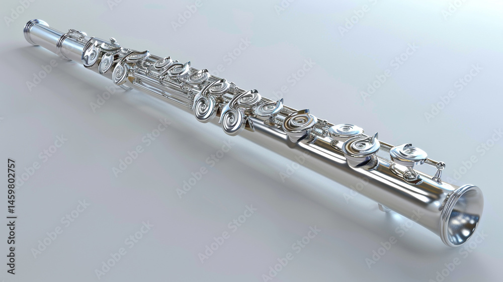 Fototapeta premium Shiny silver flute. Student Flute, perfect for aspiring musicians.