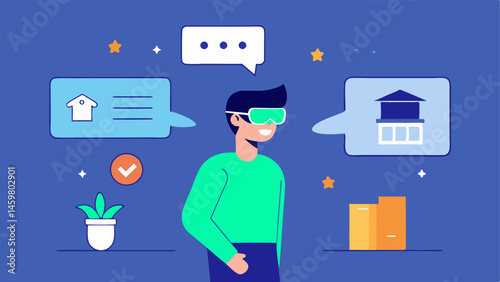 Feedback Mechanism A buyer exiting a VR experience with a thoughtful expression while a feedback form appears next to them indicating satisfaction levels and property preferences.