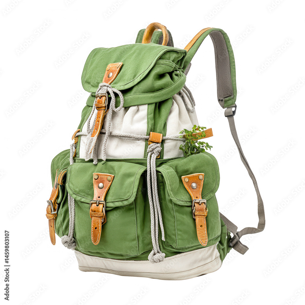 The s hiking backpack features leather accents and rugged construction.