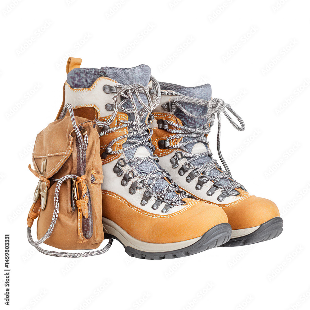 Pair of hiking boots and small backpack are displayed against white backdrop