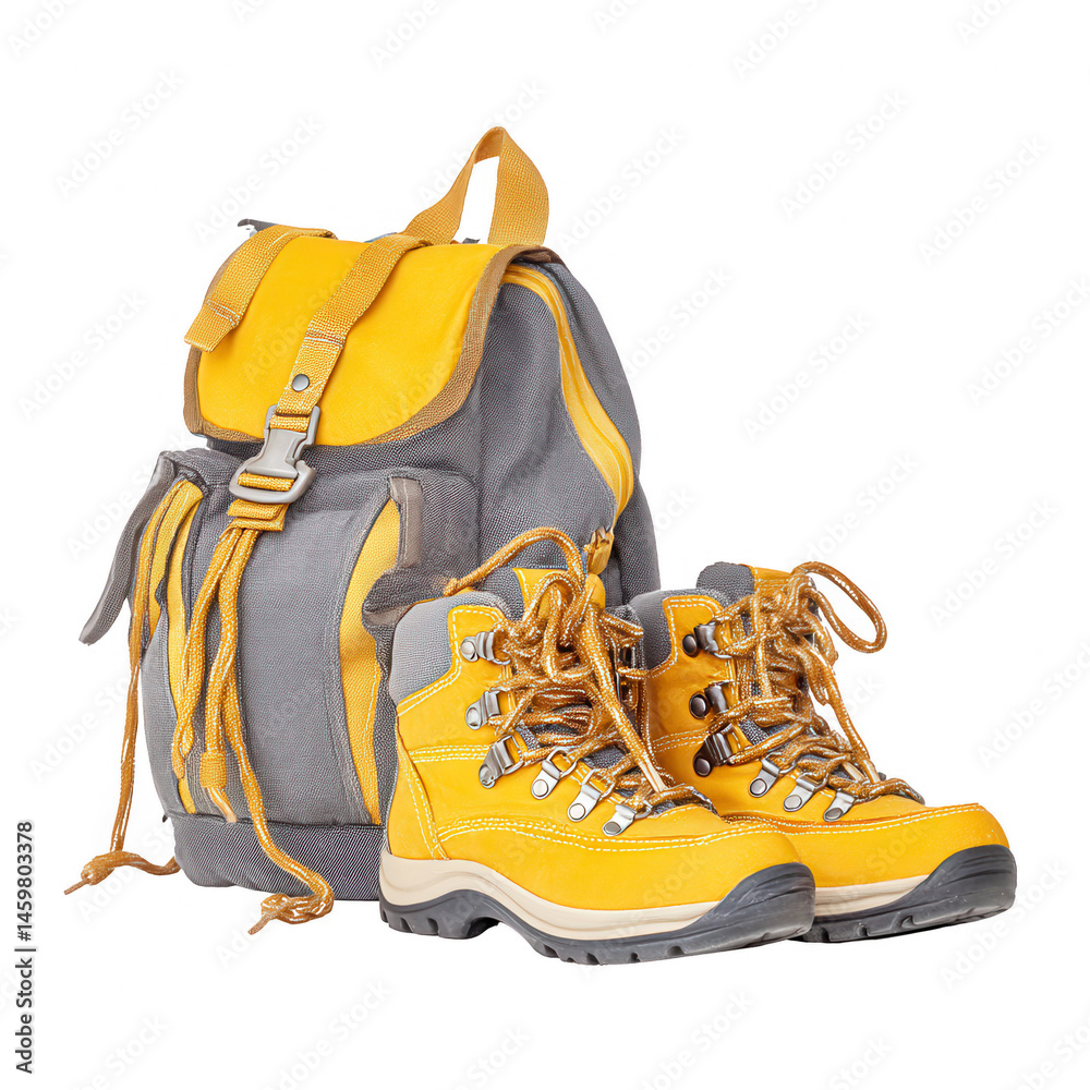 Yellow hiking boots and a gray backpack isolated on a white background.