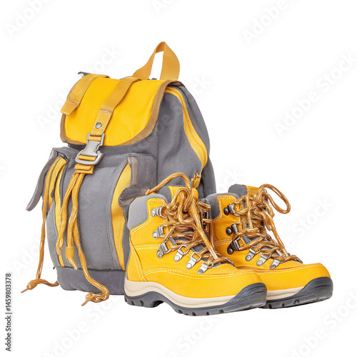 Obraz na płótnie Yellow hiking boots and a gray backpack isolated on a white background. w salonie