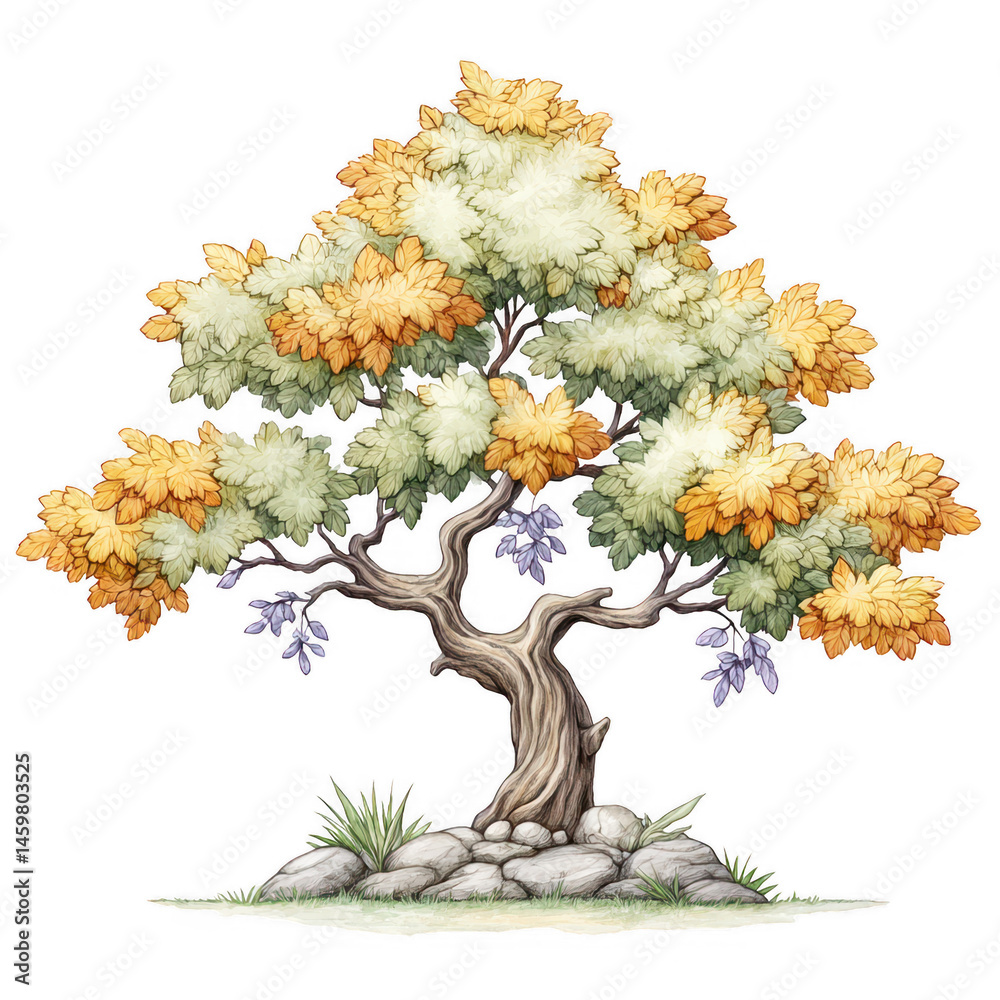 A watercolor style tree with yellow and green leaves stands on stone path.