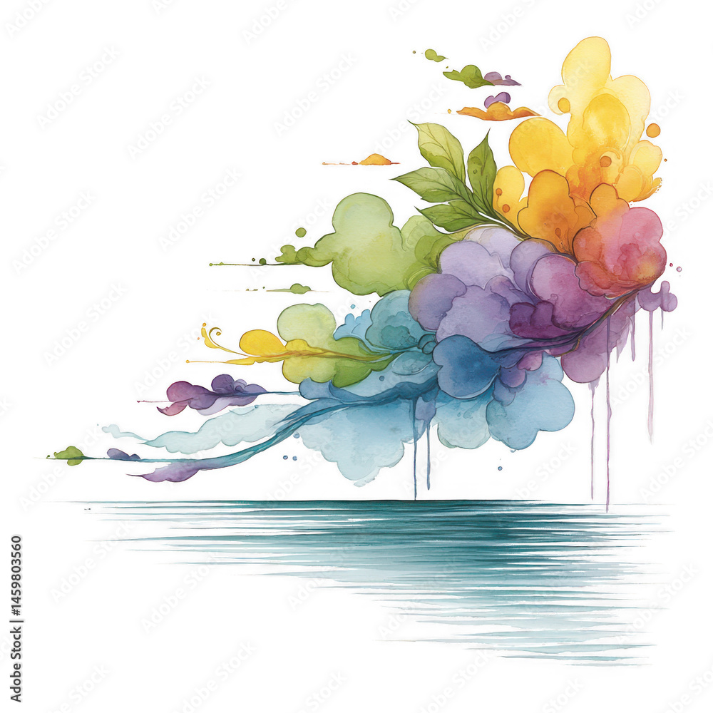 Watercolor rainbow cloud formation is reflected over calm smooth ocean surface.