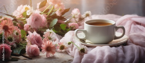 Beautiful bouquet of flowers with hot tea on the table for Breakfast in bed on Mothers day.