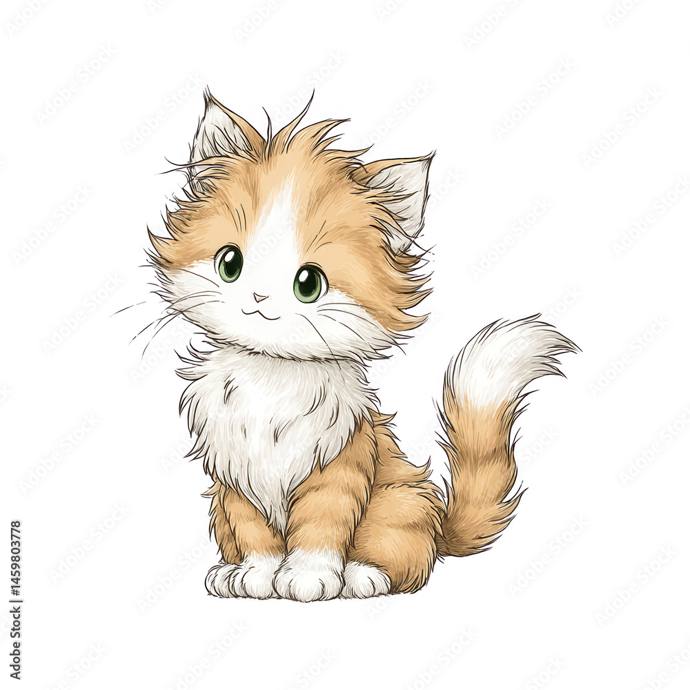 Adorable fluffy orange and white kitten with big eyes sits looking cute.