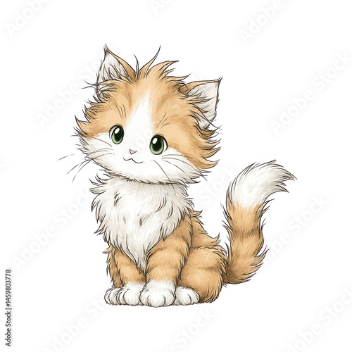 Obraz na płótnie Adorable fluffy orange and white kitten with big eyes sits looking cute. w salonie