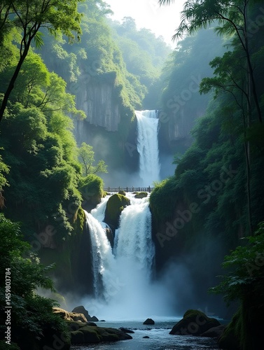 Waterfalls surrounding the tropical jungle create a grandiose