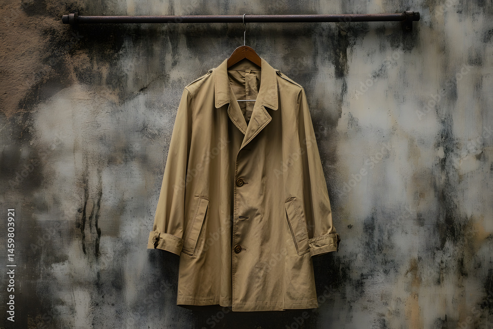 Naklejka premium Classic beige trench coat displayed on a hanger against a textured wall in an urban setting