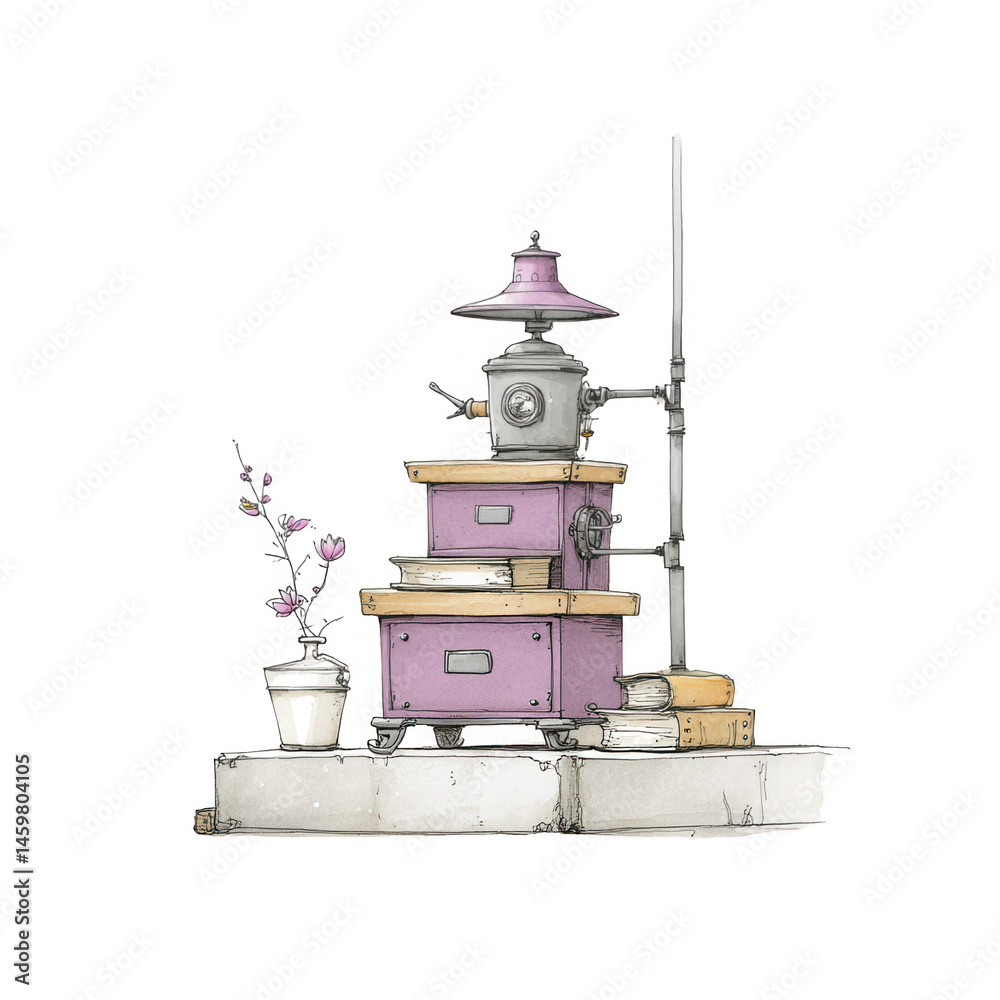 Quirky illustration displays a vintage contraption with books and flowers.