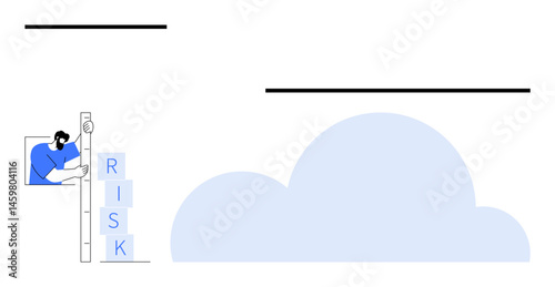 Person analyzing stacked risk blocks with a measuring tool beside a stylized cloud graphic. Ideal for risk management, cloud computing, decision-making, business strategy, analytics, evaluation