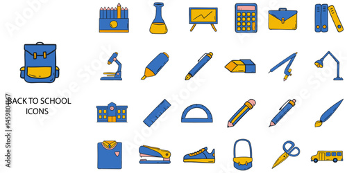 Back to school simple concept 24 hand drawn color icons set. Contains such education, stationery, backpack, pen .Vector illustration.