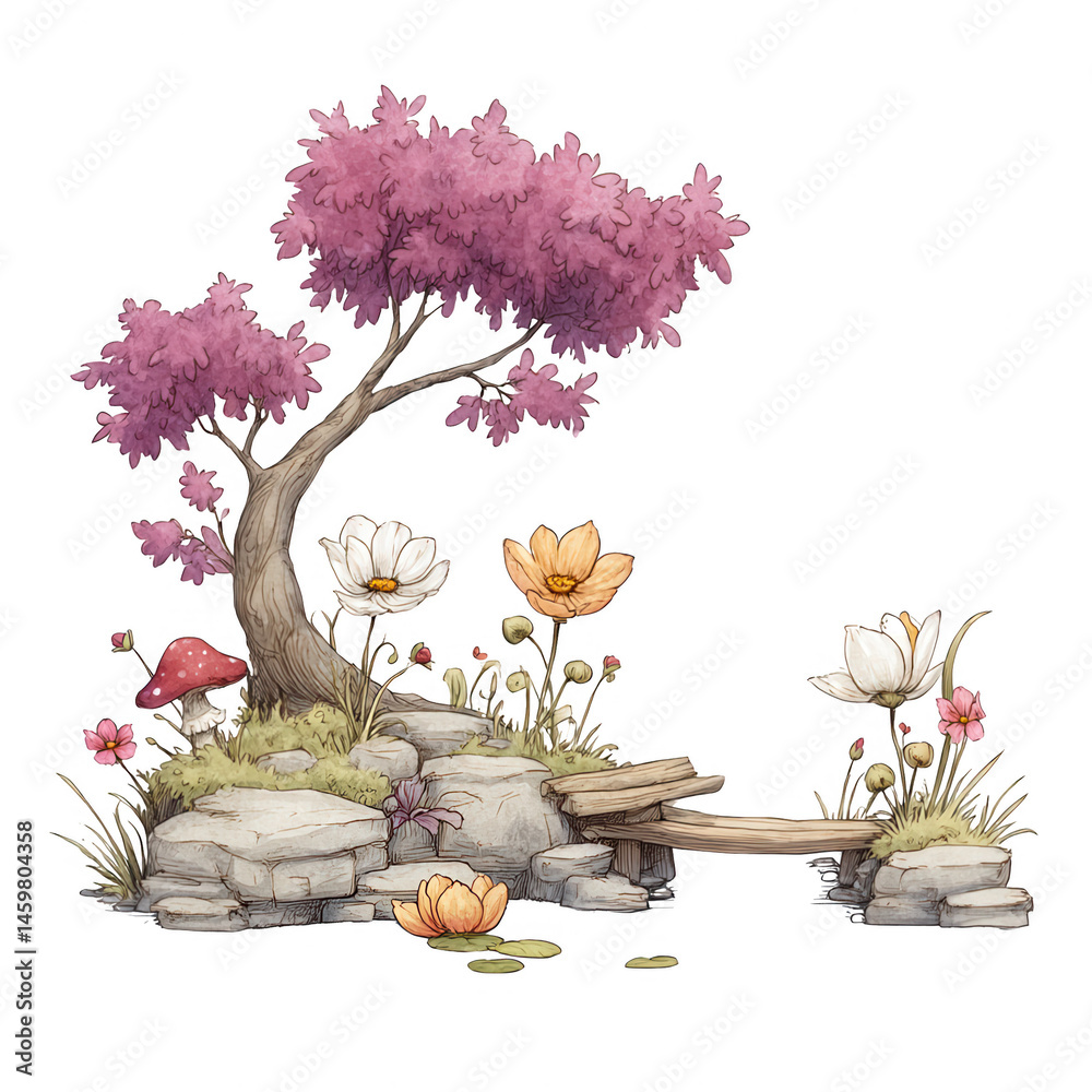 A whical watercolor illustration shows a tree and flowers on rocks scene.