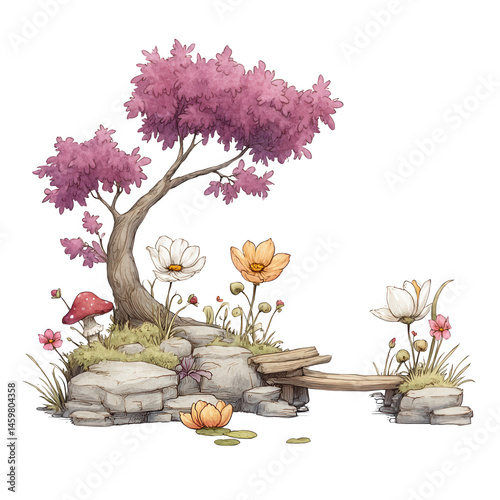 Obraz na płótnie A whical watercolor illustration shows a tree and flowers on rocks scene. w salonie