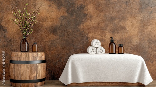 Serene Spa Setting with Brown Textured Wall and White Towels