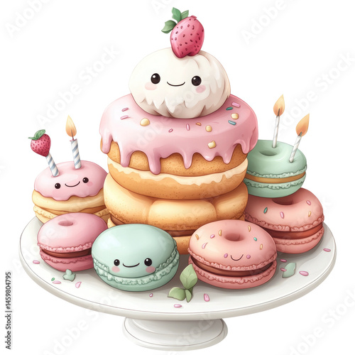 Chibi Style Birthday Dessert Platter With  isolated on a transparent background