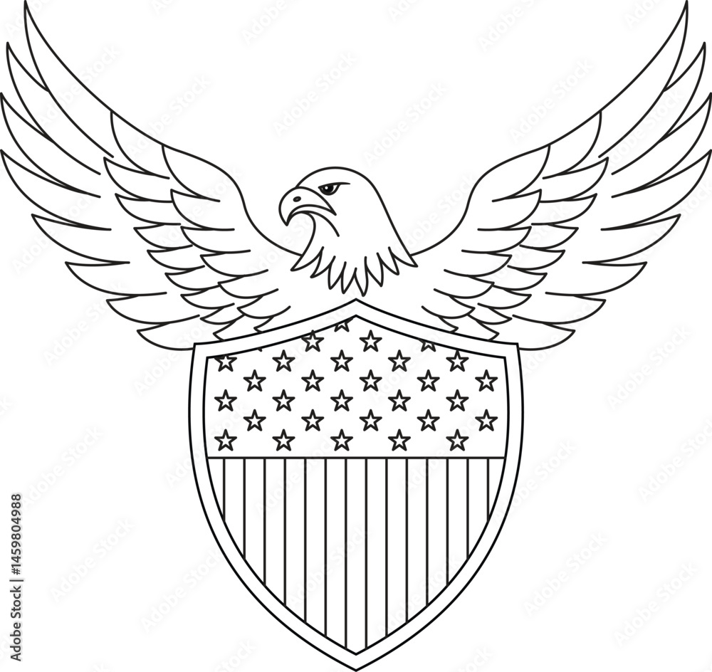 Shield with US flag and eagle, 4th of July outline coloring page