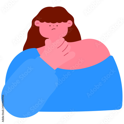 Woman touching her neck with a painful expression, suffering from sore throat and discomfort, cold or flu symptoms, healthcare and illness concept flat vector illustration