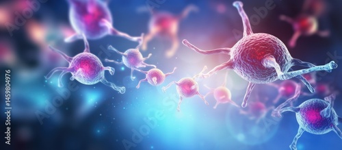 Macro view medical pharmaceutical research with blood cells and virus DNA genome background