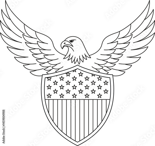 Obraz na płótnie Shield with US flag and eagle, 4th of July outline coloring page w salonie