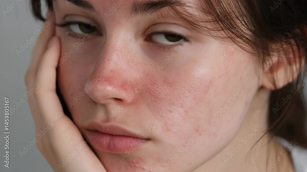 Close-up shot of a young woman with reddened skin and blemishes, resting her face in her hand, showcasing skin imperfections. Close-up shot of a young woman with reddened skin and blemishes, resting her face in her hand, showcasing skin imperfections.