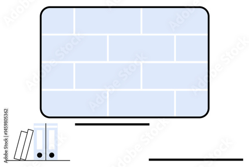 Organized desk featuring books, file binders, and modern pastel blue wall pattern. Ideal for workplace inspiration, productivity concept, organization ideas, study themes, modern design, minimalist