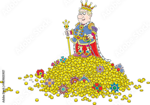 Angry king standing on a large pile of gold coins and jewels from royal treasury and enjoying his incredible wealth, vector cartoon illustration isolated on a white background