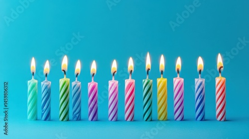 A row of colorful birthday candles lit against a blue background, symbolizing celebration and joy.