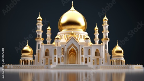 3d illustration design of gold mosque with a dome and minarets on white background. Generate AI