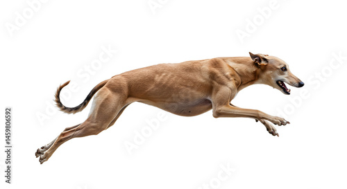 A brown dog energetically leaping through the air in a clear outdoor setting, showcasing agility and motion photo