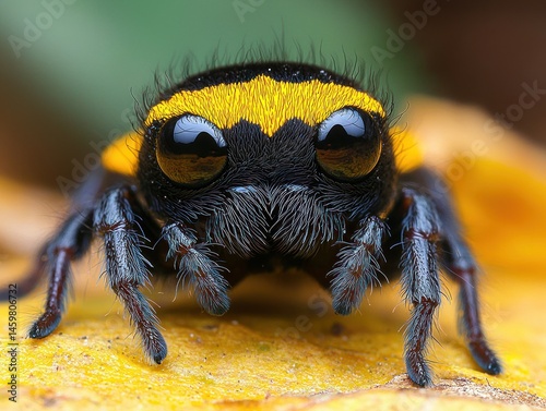 Close-up of a small, hairy spider with vibrant yellow and black markings on its cephalothorax, large prominent eyes, and dark blue legs