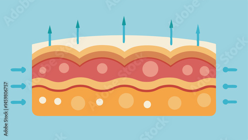 Healing Skin Layers An illustration showing the crosssection of skin layers with arrows indicating the absorption of exosomes and their effects on healing the dermis and epidermis.