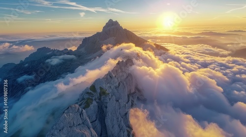 Beautiful landscape of sun in behind a mountain covered in white clouds sky
