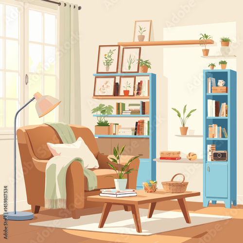 Cozy and Bright Living Room Interior with Armchair, Bookshelves, and Plants
