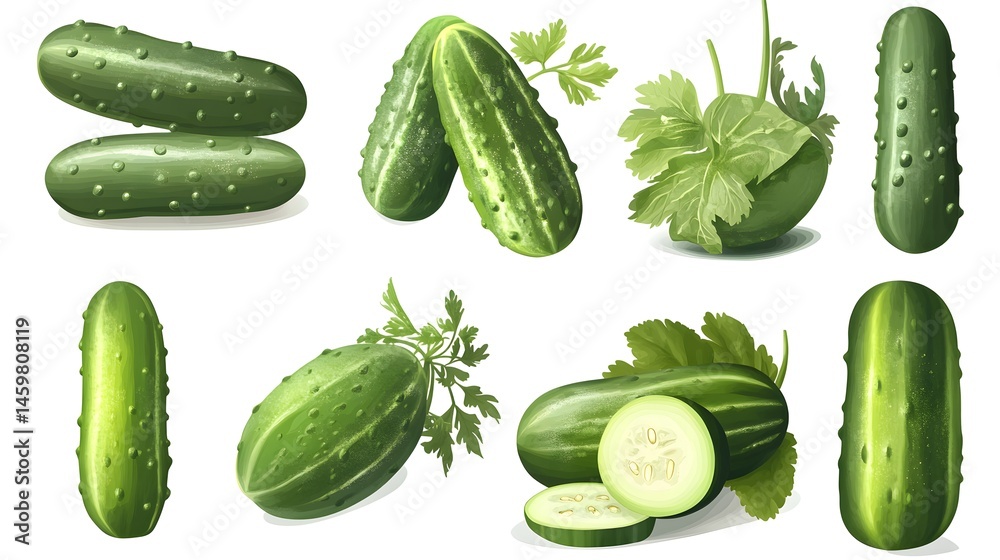 Fresh, vibrant depiction of various cucumbers and herbs. Fresh, vibrant depiction of various cucumbers and herbs.
