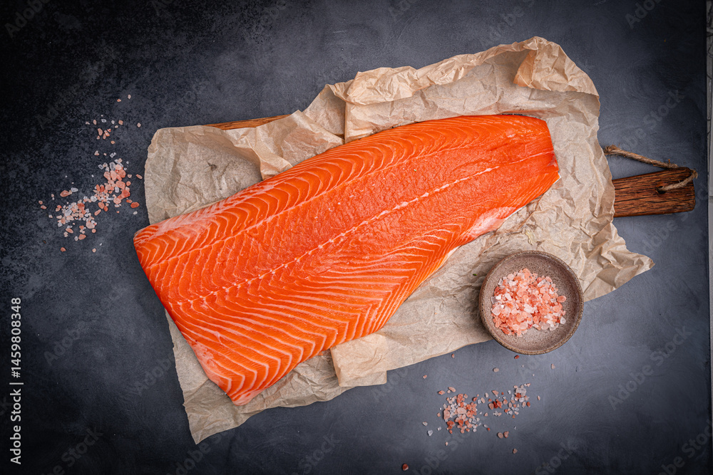 Salmon. Fresh raw salmon fish fillet with cooking ingredients on dark background, top view. High quality photo