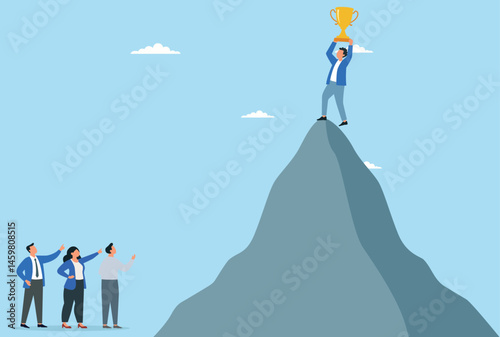 Vector illustration of reaching the peak of success businessman standing on mountain
