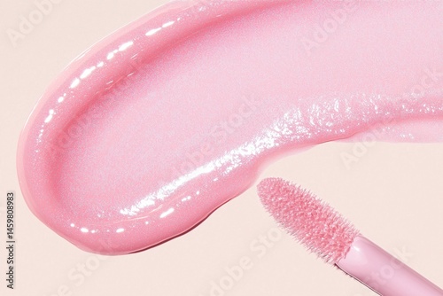 Close-up of a pink lip gloss swatch with applicator on light background. Glossy texture, shimmer effect and modern styling perfect for cosmetics ads, beauty blogs, and skincare branding..