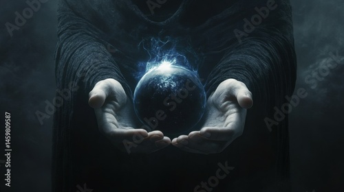 3D-rendered image of a person holding a light and a dark orb in their hands, symbolizing the contrast between opposing forces in dualism