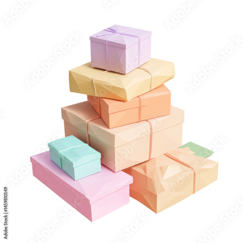 Low Poly Stack Of Packages Pastel Colors  isolated on a transparent background