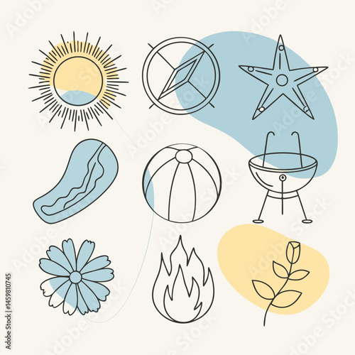 Summer Solstice themed icons representing nature and outdoor activities on a pastel background